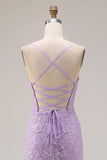 Purple Mermaid Spaghetti Straps Lace Up Back Long Ball Dress with Ruffled Slit