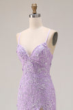 Purple Mermaid Spaghetti Straps Lace Up Back Long Ball Dress with Ruffled Slit