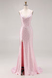 Light Pink Mermaid Beaded Halter Pearls Long Ball Dress with Slit