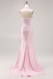 Light Pink Mermaid Beaded Halter Pearls Long Ball Dress with Slit