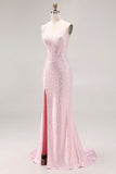 Light Pink Mermaid Beaded Halter Pearls Long Ball Dress with Slit