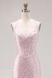 Light Pink Mermaid Beaded Halter Pearls Long Ball Dress with Slit