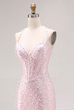 Light Pink Mermaid Beaded Halter Pearls Long Ball Dress with Slit