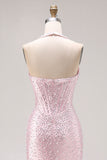 Light Pink Mermaid Beaded Halter Pearls Long Ball Dress with Slit