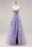 Light Purple A-Line Beaded Sequin Lace Up Back Long Ball Dress with Slit