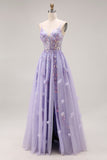 Light Purple A-Line Beaded Sequin Lace Up Back Long Ball Dress with Slit