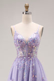 Light Purple A-Line Beaded Sequin Lace Up Back Long Ball Dress with Slit