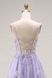 Light Purple A-Line Beaded Sequin Lace Up Back Long Ball Dress with Slit