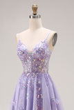 Light Purple A-Line Beaded Sequin Lace Up Back Long Ball Dress with Slit