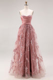 Dusty Rose Strapless A-Line Embroidered Beaded Long Ball Dress with Slit