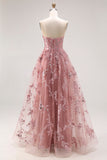 Dusty Rose Strapless A-Line Embroidered Beaded Long Ball Dress with Slit