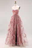 Dusty Rose Strapless A-Line Embroidered Beaded Long Ball Dress with Slit