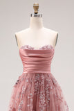 Dusty Rose Strapless A-Line Embroidered Beaded Long Ball Dress with Slit