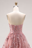 Dusty Rose Strapless A-Line Embroidered Beaded Long Ball Dress with Slit