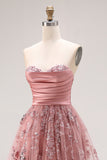 Dusty Rose Strapless A-Line Embroidered Beaded Long Ball Dress with Slit