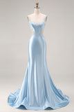 Sky Blue Mermaid Cut Out Corset Long Satin Ball Dress with Beading