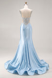 Sky Blue Mermaid Cut Out Corset Long Satin Ball Dress with Beading