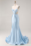 Sky Blue Mermaid Cut Out Corset Long Satin Ball Dress with Beading