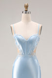 Sky Blue Mermaid Cut Out Corset Long Satin Ball Dress with Beading