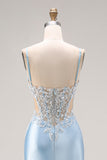 Sky Blue Mermaid Cut Out Corset Long Satin Ball Dress with Beading