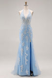 Sky Blue Halter Mermaid Beaded Corset Applique Long Ball Dress with Slit