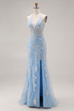 Sky Blue Halter Mermaid Beaded Corset Applique Long Ball Dress with Slit