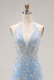 Sky Blue Halter Mermaid Beaded Corset Applique Long Ball Dress with Slit