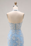 Sky Blue Halter Mermaid Beaded Corset Applique Long Ball Dress with Slit