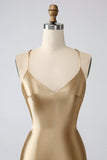 Gold Bodycon Spaghetti Straps Satin Homecoing Dress with Criss Cross Back