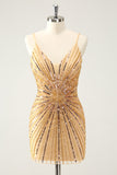 Sparkly Golden Tight Spaghetti Straps Backless Homecoming Dress with Sequins