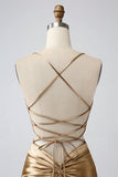 Gold Bodycon Spaghetti Straps Satin Homecoing Dress with Criss Cross Back