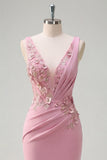 Mermaid Taro V-Neck Ruched Long Ball Dress with Appliqued 3D Flowers