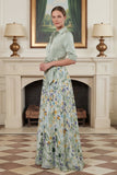 Sage Green Printed A Line Mother of the Bride Dress with Sleeve