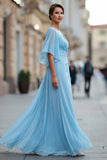 Sky Blue Chiffon A Line V Neck Ruched Mother of the Bride Dress with Sleeve