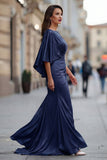 Burgundy Chiffon Mermaid Ruched Mother of the Bride Dress with Sleeve