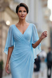 Chiffon Dark Green Ruched V Neck Mermaid Mother of the Bride Dress with Sleeve