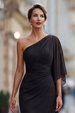 Sage Green One Shoulder Chiffon Ruched Mermaid Mother of the Bride Dress with Sleeve
