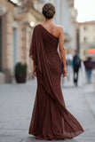 Sage Green One Shoulder Chiffon Ruched Mermaid Mother of the Bride Dress with Sleeve