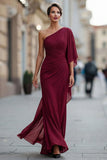 Sage Green One Shoulder Chiffon Ruched Mermaid Mother of the Bride Dress with Sleeve