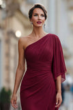 Sage Green One Shoulder Chiffon Ruched Mermaid Mother of the Bride Dress with Sleeve