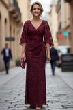Lace Rust Sheath Ruched Mother of the Bride Dress with Half Sleeve