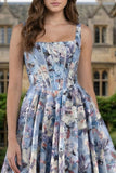 Blue Corset A Line Printed Square Neck Long Floral Dress with Slit