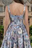 Blue Corset A Line Printed Square Neck Long Floral Dress with Slit