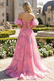 Off The Shoulder Pink A Line Maxi Dress with Slit
