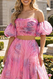 Off The Shoulder Pink A Line Maxi Dress with Slit
