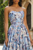 Strapless A-Line Blue Floral Corset Long Satin Dress