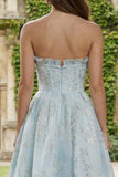 Light Blue A-Line Strapless Jacquard Satin Brocade Maxi Dress