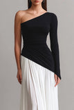 One Shoulder Sheath Maxi Black and White Dress