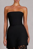 Black A-Line Strapless Long Satin Dress with Lace