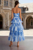 White Blue Flower A-Line Strapless Midi Dress with Ruffles